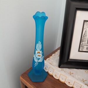 Westmoreland Glass Blue Vase with White Floral Design